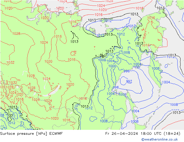 Atmosférický tlak ECMWF Pá 26.04.2024 18 UTC