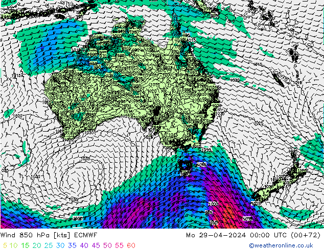 ветер 850 гПа ECMWF пн 29.04.2024 00 UTC