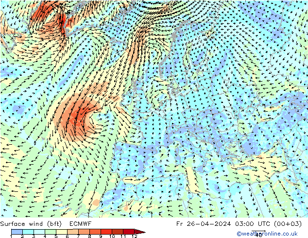 Surface wind (bft) ECMWF Fr 26.04.2024 03 UTC