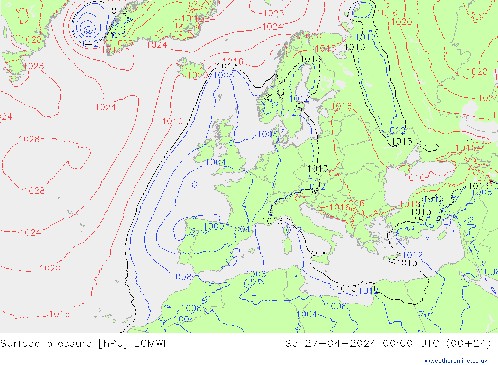 ciśnienie ECMWF so. 27.04.2024 00 UTC