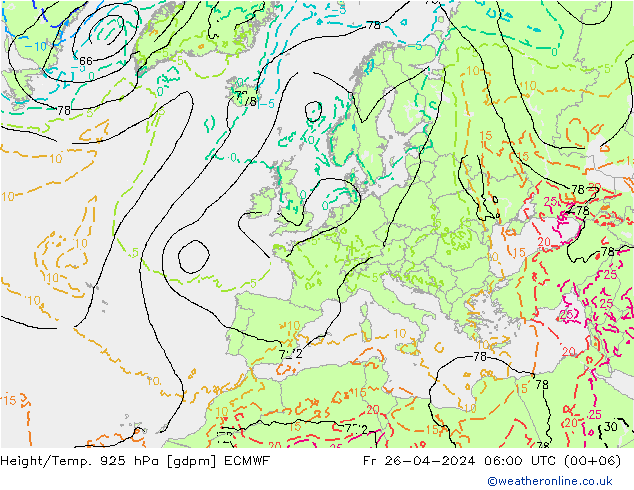 Height/Temp. 925 hPa ECMWF Fr 26.04.2024 06 UTC