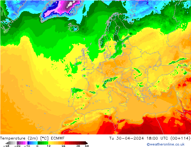 Temperaturkarte (2m) ECMWF Di 30.04.2024 18 UTC