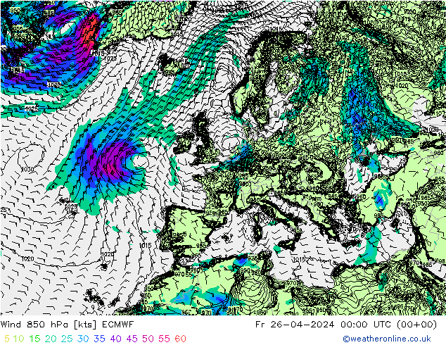 Wind 850 hPa ECMWF Fr 26.04.2024 00 UTC