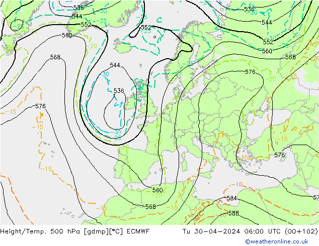 Z500/Rain (+SLP)/Z850 ECMWF Di 30.04.2024 06 UTC