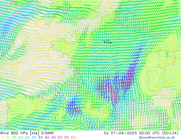 wiatr 850 hPa ECMWF so. 27.04.2024 00 UTC