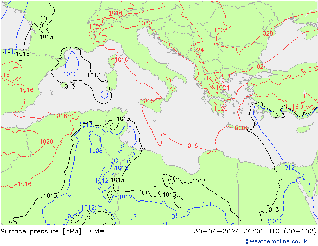 Surface pressure ECMWF Tu 30.04.2024 06 UTC