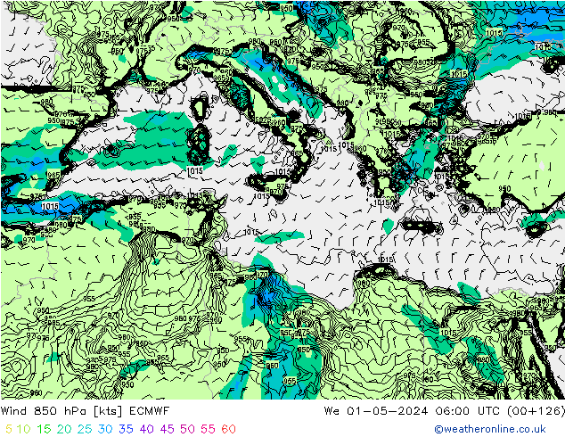 Rüzgar 850 hPa ECMWF Çar 01.05.2024 06 UTC