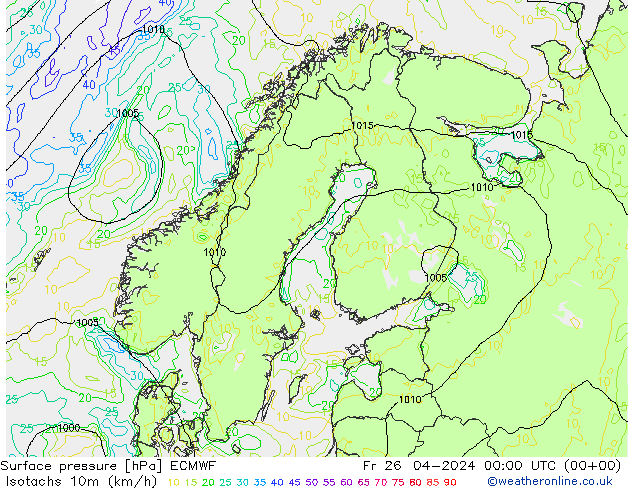 Isotachen (km/h) ECMWF Fr 26.04.2024 00 UTC