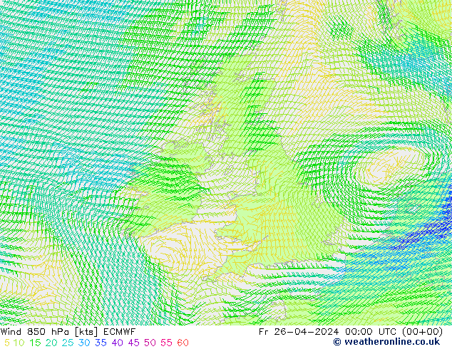 Wind 850 hPa ECMWF Fr 26.04.2024 00 UTC