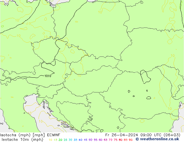 Isotachs (mph) ECMWF Pá 26.04.2024 09 UTC