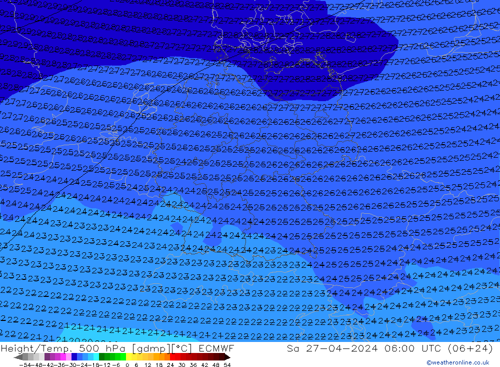 Hoogte/Temp. 500 hPa ECMWF za 27.04.2024 06 UTC