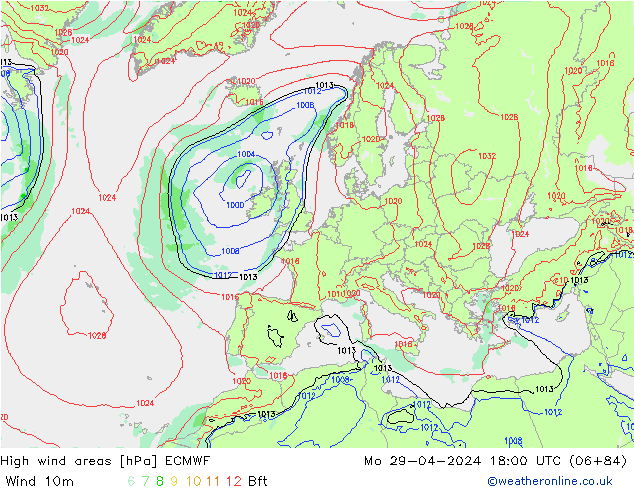 High wind areas ECMWF Mo 29.04.2024 18 UTC