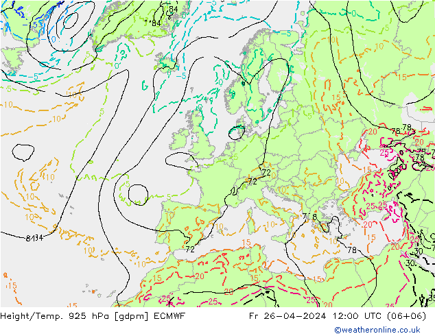 Height/Temp. 925 hPa ECMWF Fr 26.04.2024 12 UTC