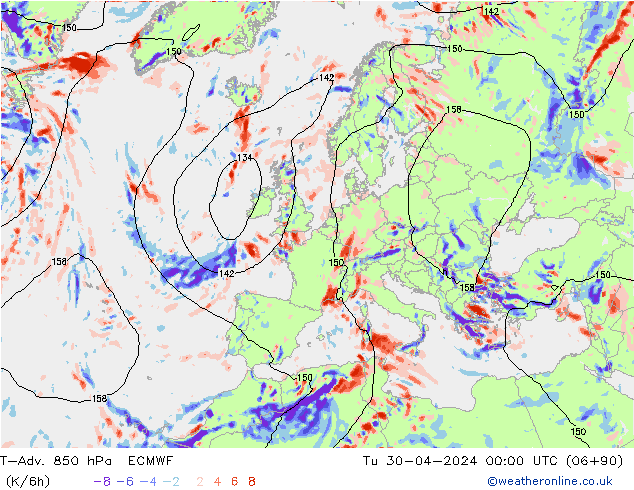 T-Adv. 850 hPa ECMWF Di 30.04.2024 00 UTC