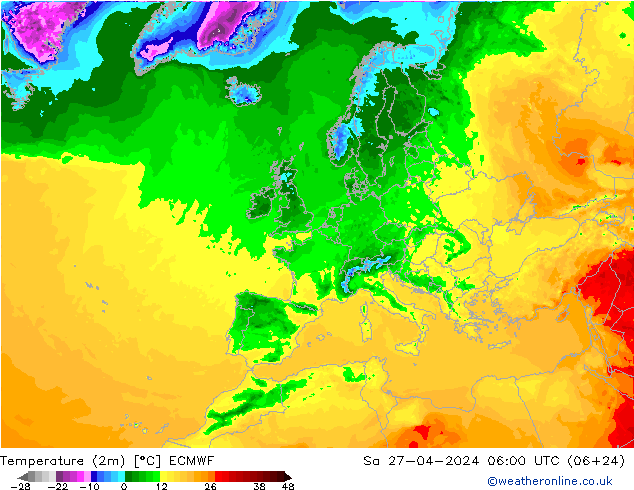 Temperaturkarte (2m) ECMWF Sa 27.04.2024 06 UTC