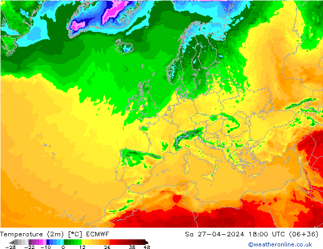 Temperaturkarte (2m) ECMWF Sa 27.04.2024 18 UTC