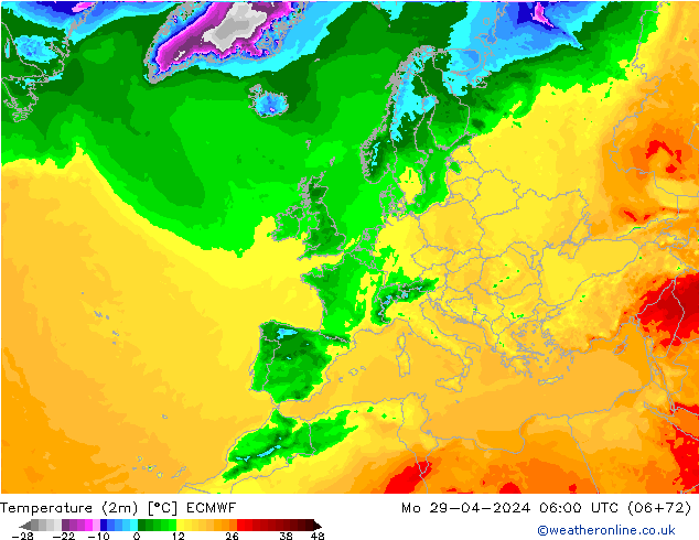 Temperature (2m) ECMWF Mo 29.04.2024 06 UTC