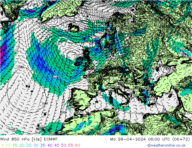 Wind 850 hPa ECMWF Po 29.04.2024 06 UTC