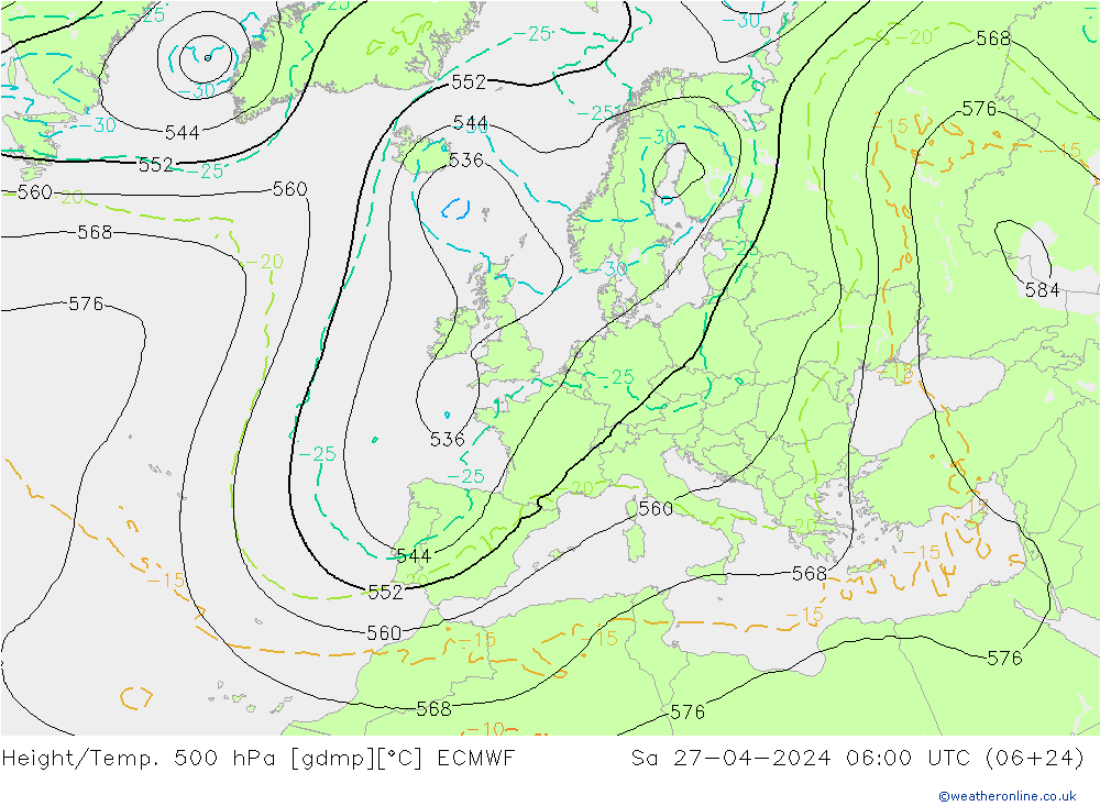 Height/Temp. 500 гПа ECMWF сб 27.04.2024 06 UTC