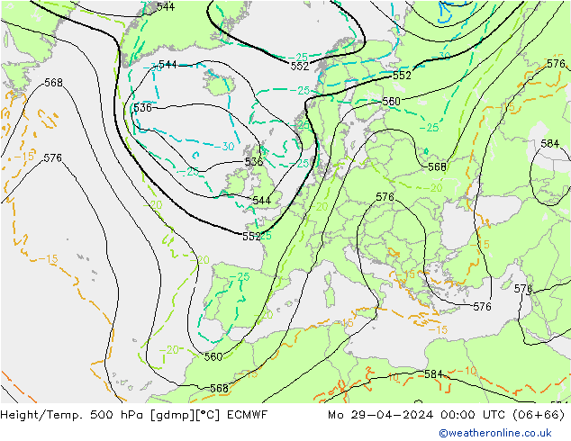 Z500/Rain (+SLP)/Z850 ECMWF Mo 29.04.2024 00 UTC
