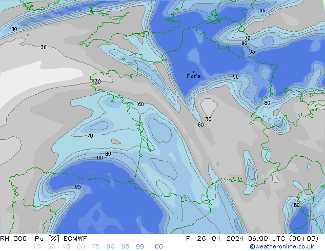 RH 300 hPa ECMWF Fr 26.04.2024 09 UTC