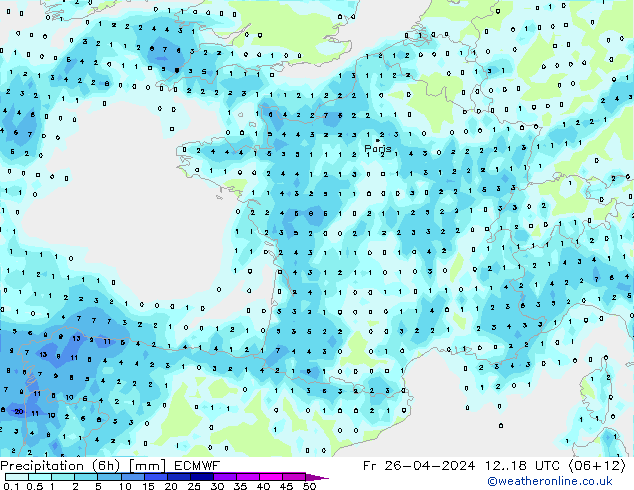 Precipitation (6h) ECMWF Fr 26.04.2024 18 UTC