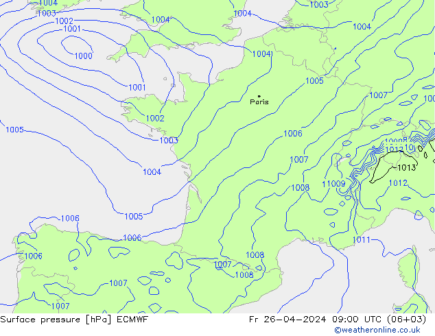 Presión superficial ECMWF vie 26.04.2024 09 UTC