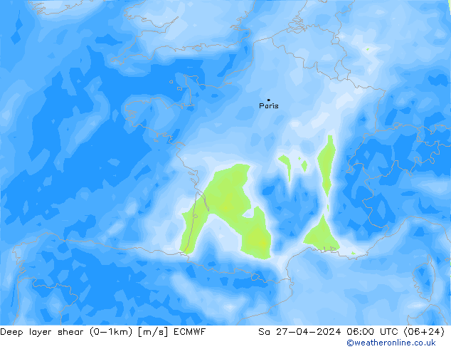Deep layer shear (0-1km) ECMWF sam 27.04.2024 06 UTC