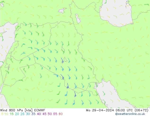 wiatr 850 hPa ECMWF pon. 29.04.2024 06 UTC