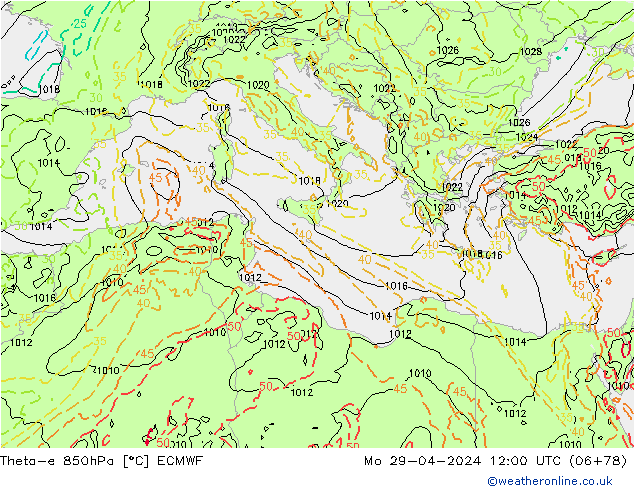 Theta-e 850hPa ECMWF Mo 29.04.2024 12 UTC