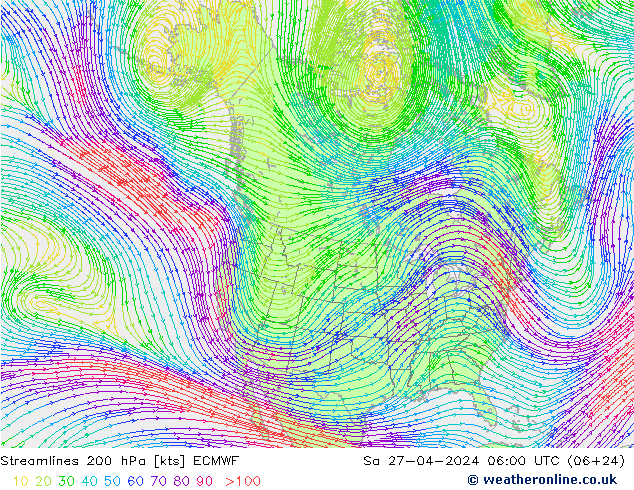 Linea di flusso 200 hPa ECMWF sab 27.04.2024 06 UTC
