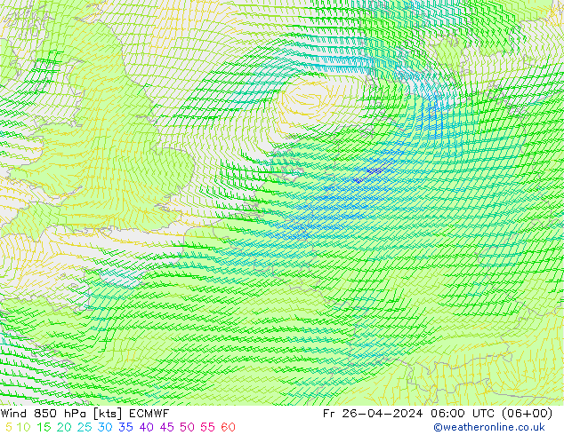 Wind 850 hPa ECMWF Fr 26.04.2024 06 UTC