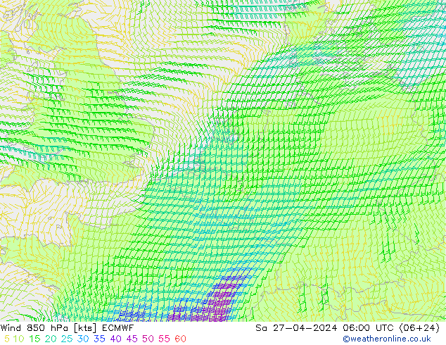 Wind 850 hPa ECMWF za 27.04.2024 06 UTC