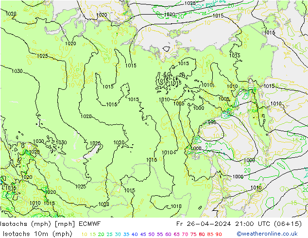 Isotachs (mph) ECMWF Fr 26.04.2024 21 UTC