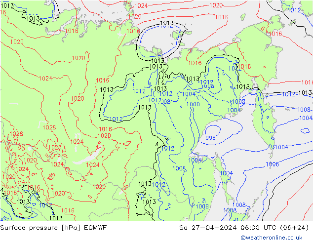 Presión superficial ECMWF sáb 27.04.2024 06 UTC