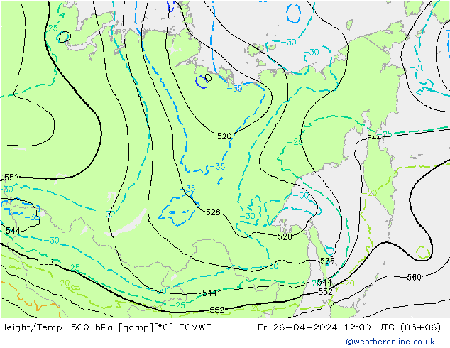 Z500/Rain (+SLP)/Z850 ECMWF Fr 26.04.2024 12 UTC