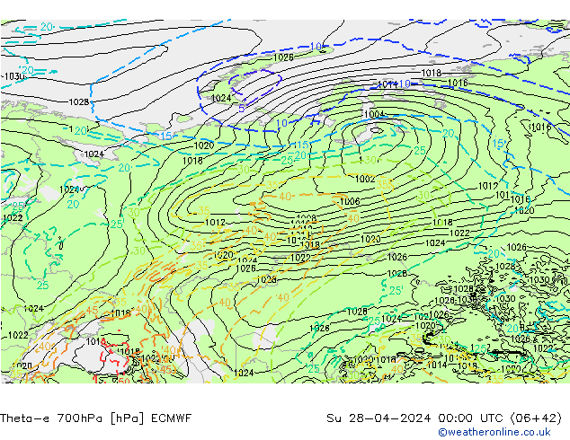 Theta-e 700hPa ECMWF Su 28.04.2024 00 UTC