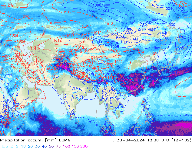 Precipitation accum. ECMWF Tu 30.04.2024 18 UTC