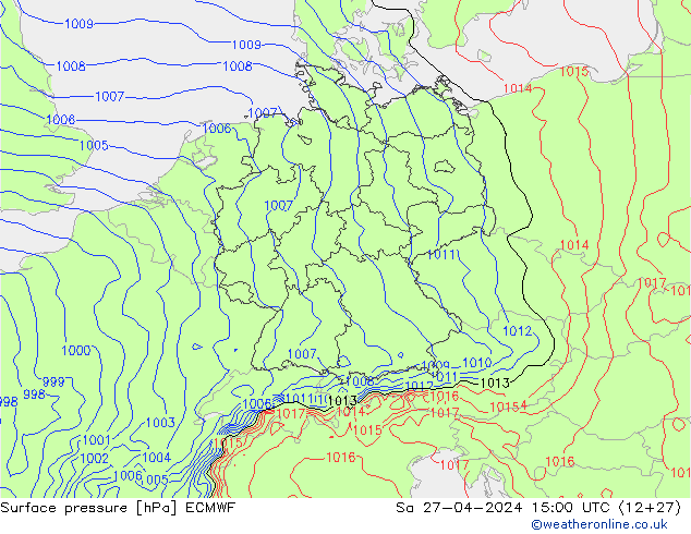Surface pressure ECMWF Sa 27.04.2024 15 UTC