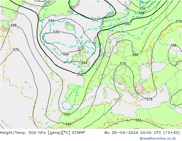 Z500/Rain (+SLP)/Z850 ECMWF Mo 29.04.2024 00 UTC