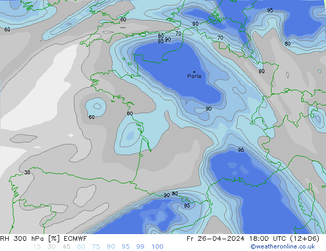 Humidité rel. 300 hPa ECMWF ven 26.04.2024 18 UTC