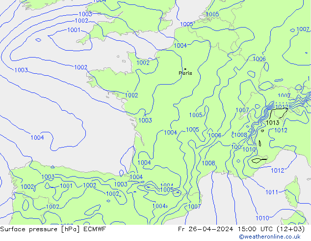 Bodendruck ECMWF Fr 26.04.2024 15 UTC