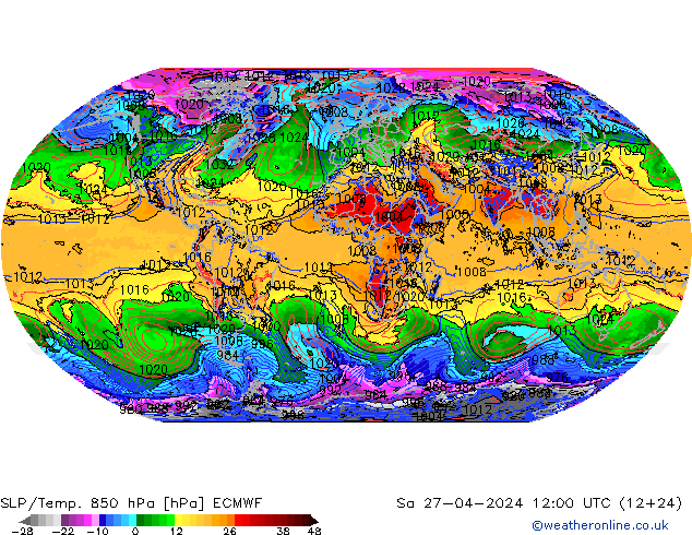 SLP/Temp. 850 hPa ECMWF Sa 27.04.2024 12 UTC