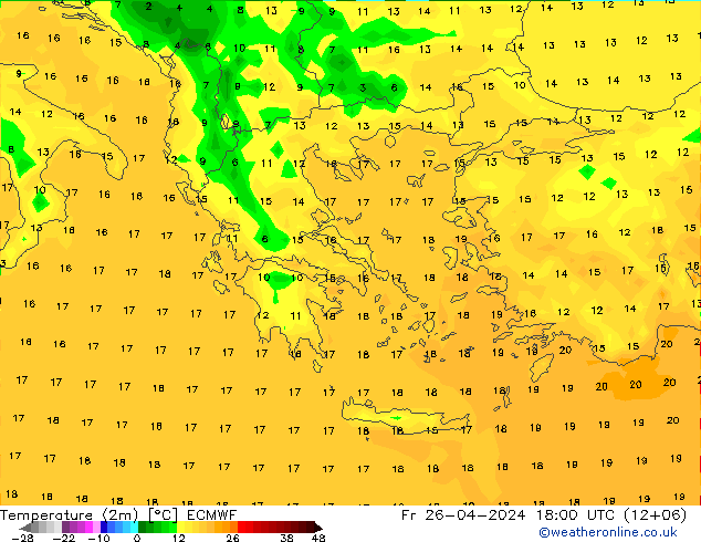 Temperature (2m) ECMWF Fr 26.04.2024 18 UTC