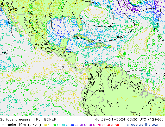 Isotachs (kph) ECMWF Mo 29.04.2024 06 UTC