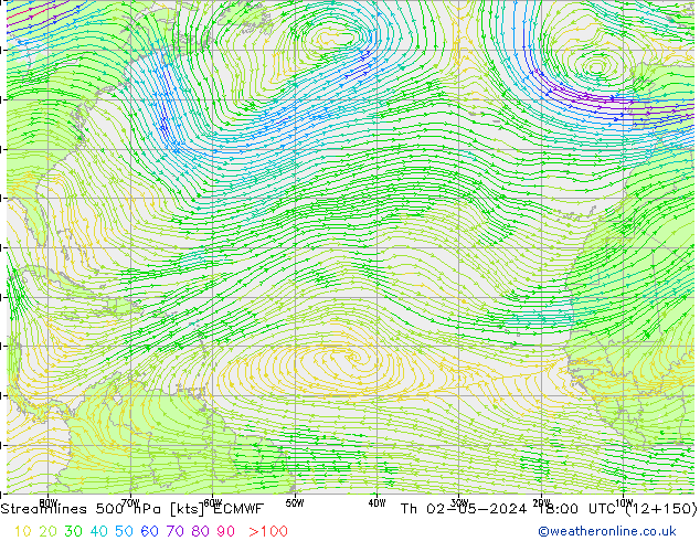 Linha de corrente 500 hPa ECMWF Qui 02.05.2024 18 UTC