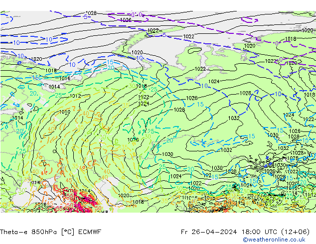 Theta-e 850hPa ECMWF Fr 26.04.2024 18 UTC