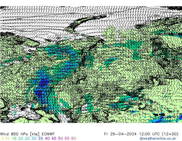 Wind 850 hPa ECMWF Fr 26.04.2024 12 UTC