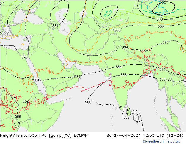 Height/Temp. 500 hPa ECMWF so. 27.04.2024 12 UTC