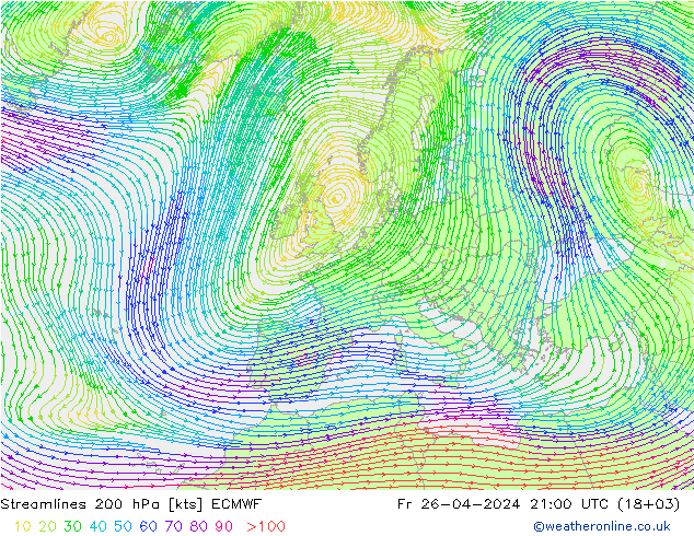 Linea di flusso 200 hPa ECMWF ven 26.04.2024 21 UTC